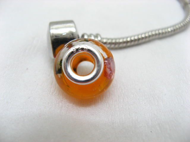 4Pcs Orange Murano Round Glass European Beads 925 Sterling Silve - Click Image to Close